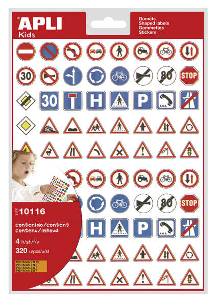 Apli Bolsa de Gomets Tematicos Las Señales de Trafico - 320 Gomets - Adhesivo Permanente - Desarrollados con Educadores - Ideales para Educacion Vial - Normas EN-71 Cumplidas · Pack de 10 ud