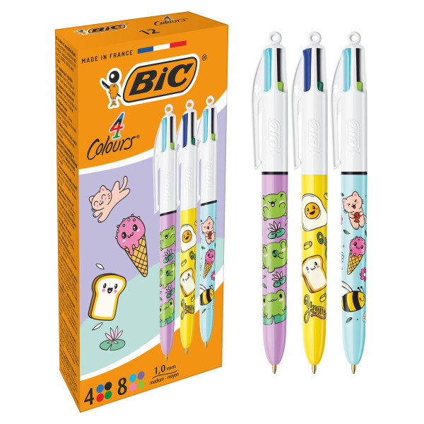 Bic 4 Colours Decors Kawaii Boligrafo de Bola Retractil - Punta Media de 1.0mm - Tinta con Base de Aceite - Cuerpo Decorado con Dibujos Kawaii - 4 Colores de Tinta · Pack de 12 uds.