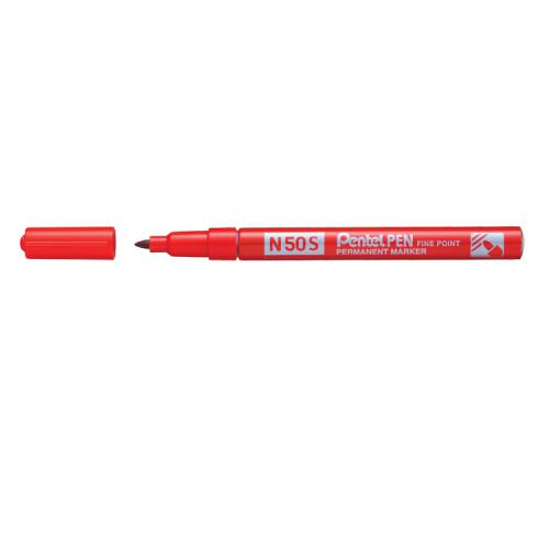 Pentel Pen N50S Rotulador Permanente - Punta Fina 3.18mm - Resistente a Agua y Luz - Color Rojo · Pack de 12 uds.