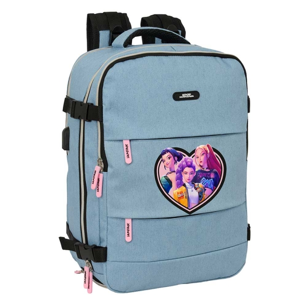 Safta K-Pop Demon Hunters Huntr/X Mochila de Cabina - Bolsillo para Portatil hasta 15.6" - Portabotellas - USB - Zapatillero - Transpirable - Acolchada - 29x44x19cm - Color Azul Claro