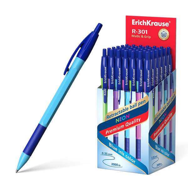 Erichkrause R-301 Neon Matic&Grip Boligrafo Retractil - Punta de 0.7mm - Trazo 0.35mm aprox. - Tinta de Secado Rapido - Cuerpo Hexagonal en Colores Surtidos - Color Azul · Pack de 50 uds.