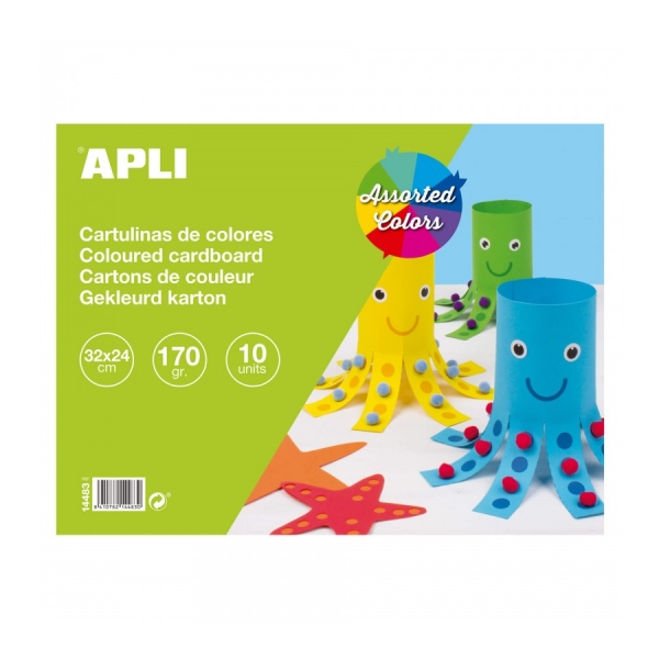 Apli Bloc de 10 Cartulinas 170gr - Libre de Acidos - Ideal para Manualidades y Uso Escolar - Colores Surtidos