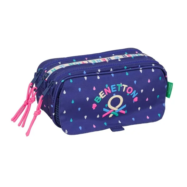 Safta Benetton Drop Portatodo - 3 Compartimentos con Cremalleras - Bolsillo Frontal - Cinta Adaptable - 1.72L - 215x80x100mm - Color Azul Oscuro