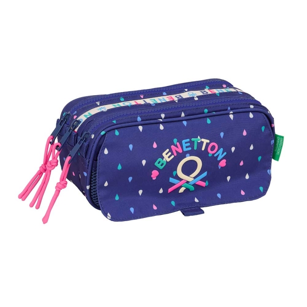 Safta Benetton Drop Portatodo - 3 Compartimentos con Cremalleras - Bolsillo Frontal - Cinta Adaptable - 1.72L - 215x80x100mm - Color Azul Oscuro