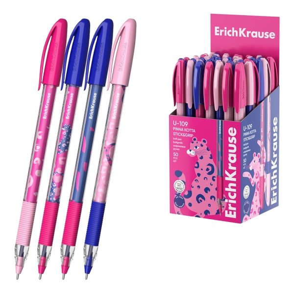 ErichKrause U-109 Stick and Grip Pinna Kotta Boligrafo con Capuchon - Modelos Surtidos - Trazo 0.3mm - Zona de Agarre de Goma - Tinta de Baja Viscosidad - Tapa Ventilada - Color Azul · Pack de 50 uds.