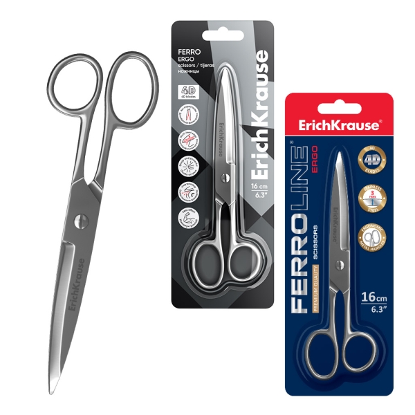 ErichKrause Ferro Tijeras de 16cm - Cuchillas en Forma de Arco Engrosadas - Fabricadas Completamente en Acero - Ergonomicas - Color Plata