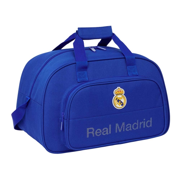 Safta Real Madrid Bolsa de Deporte - Bolsillo Frontal - Bandolera Ajustable - Asa Forrada - Doble Tirador Cremallera - Tacos Proteccion Base - Fondo Extraible - 22L - 400x230x240mm - Color Azul
