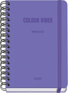 Dohe Colour Vibes Agenda Escolar 25/26 Espiral Wire’o A5 - Semana Vista - Papel 80g/m2 - 4 Hojas de Pegatinas - Cubierta de Carton Plastificado - Cierre con Goma Elastica - Color Morado