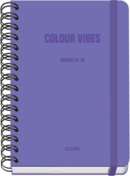 Dohe Colour Vibes Agenda Escolar 25/26 Espiral Wire’o A5 - Semana Vista - Papel 80g/m2 - 4 Hojas de Pegatinas - Cubierta de Carton Plastificado - Cierre con Goma Elastica - Color Morado