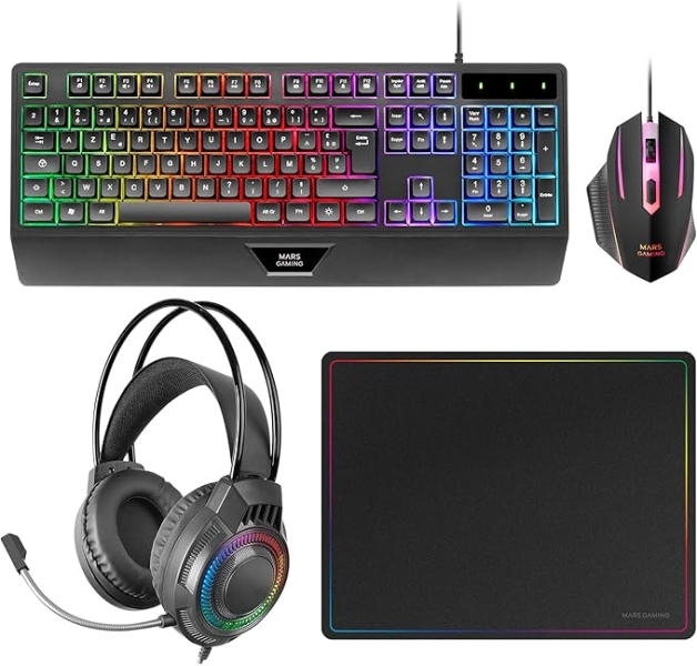 Mars Gaming MCP124PRO Combo Pack Gaming 4en1 - Teclado Hibrido H-Mech - Disposicion Francesa AZERTY FR - Raton 3200dpi - Alfombrilla Nanotextil - Color Negro