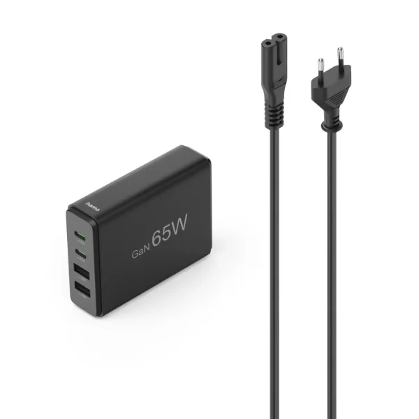 Hama Estacion de Carga USB - Potencia 65W - 2x USB-C - Cable 1.5cm - Power Delivery - Qualcomm - GaN - Color Negro