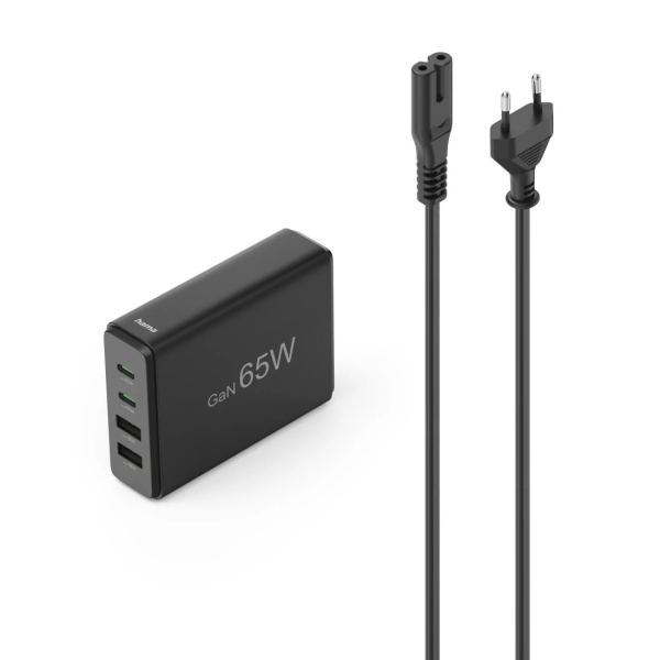 Hama Estacion de Carga USB - Potencia 65W - 2x USB-C - Cable 1.5cm - Power Delivery - Qualcomm - GaN - Color Negro