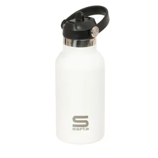 Safta Botella Isotermica Infantil - Capacidad 350ml - Tapon Roscado con Valvula - Base de Silicona - Asa Superior - Acero Inoxidable - 12h Caliente - 24h Frio - 19.5x7.3cm - Color Blanco