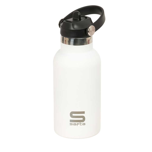 Safta Botella Isotermica Infantil - Capacidad 350ml - Tapon Roscado con Valvula - Base de Silicona - Asa Superior - Acero Inoxidable - 12h Caliente - 24h Frio - 19.5x7.3cm - Color Blanco