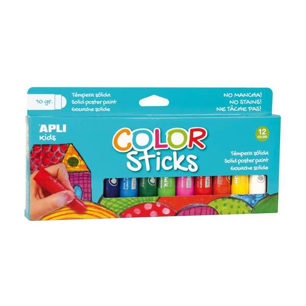Apli Color Sticks Pack con 12 Temperas Solidas de 10g - Acabado Satinado sin Necesidad de Barniz - Secado Rapido en Menos de 3 Minutos - Efecto Cera o Tempera Segun la Presion Ejercida