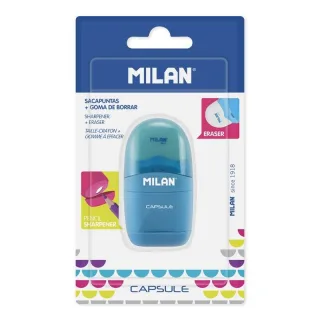Milan Capsule Afilaborras - Sacapuntas y Goma de Borrar - Cuchilla de Acero al Carbono - Para todo tipo de Lapices - Cuchilla de Seguridad - Colores Surtidos · Pack de 12 uds.