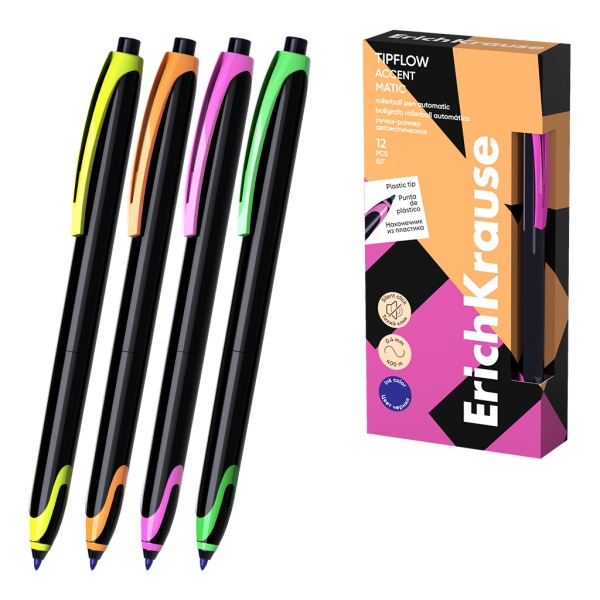 ErichKrause TipFlow Matic Accent Boligrafo Retractil - Modelos de Cuerpo Surtidos - Trazo 0.4mm - Color Azul · Pack de 12 uds.