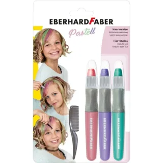 Eberhard Faber Pack de 3 Tizas Pastel para el Cabello + 1 Mini Peine - Aplicar sobre el Cabello Seco - Utilice el Peine para Dispensar el Color - Facil de Lavar - Colores Rosa, Violeta, Turq