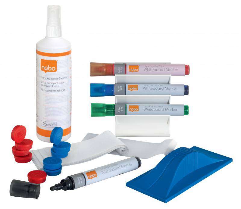 Nobo Pack de Accesorios para Pizarra Blanca - Incluye 4 Rotuladores, Borrador Magnetico, Spray de Limpieza y 10 Imanes - Practico y Completo