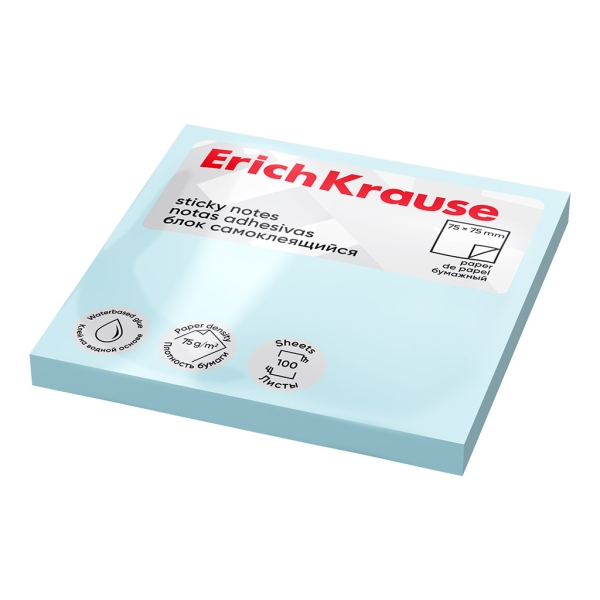 ErichKrause Bloc de 100 Notas Adhesivas Reposicionables - Papel de 75g/m2 - 75x75mm - Pegamento a Base de Agua - Color Azul · Pack de 12 uds.