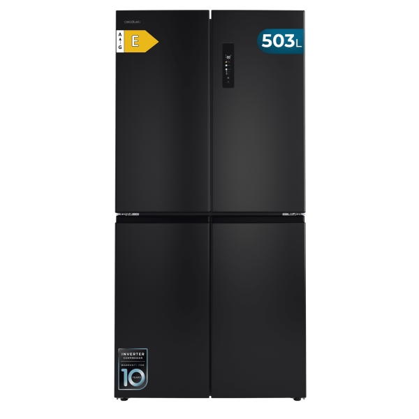 Cecotec Bolero CoolMarket 4D 503 Dark E Frigorifico Americano 4 Puertas - Capacidad 503L - Luz LED - Compresor Inverter - Silencioso - Frio Envolvente - Clase E - 177.5x85.3x69.8cm - Color N