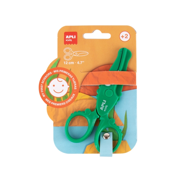 Apli Kids Tijera Preescolar 12cm - Sistema de Seguridad que Evita Cortes en la Piel, el Pelo o la Ropa - Con Formas de Animales - Diseño Cocodrilo