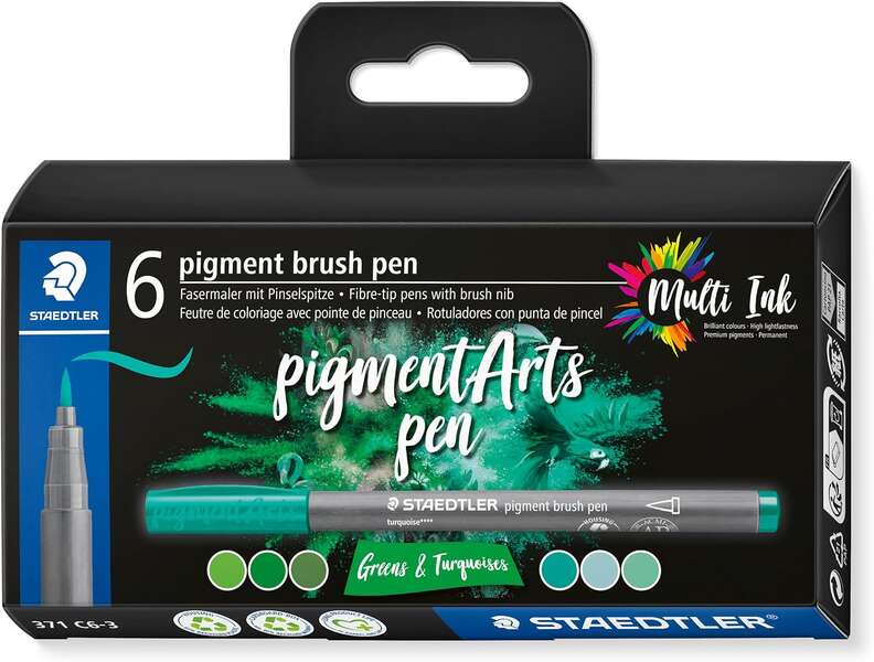 Staedtler 371 Pack de 6 Rotuladores Punta de Pincel Suave - Colores Vivos y Brillantes - No Amarillea con el Paso del Tiempo - Nueva Tinta Multi Ink - Pigmentos de Primera Calidad - Colores