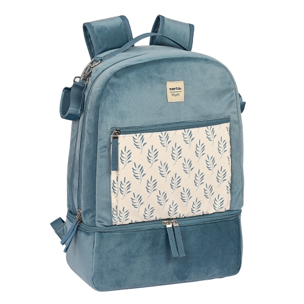 Safta Leaves Mochila para Carrito Bebe de 19.4L - Cremallera Doble - Bolsillo Frontal - Bolsillo Termo - Bolsillo Lateral para Biberones - 300x150x430mm - Color Azul