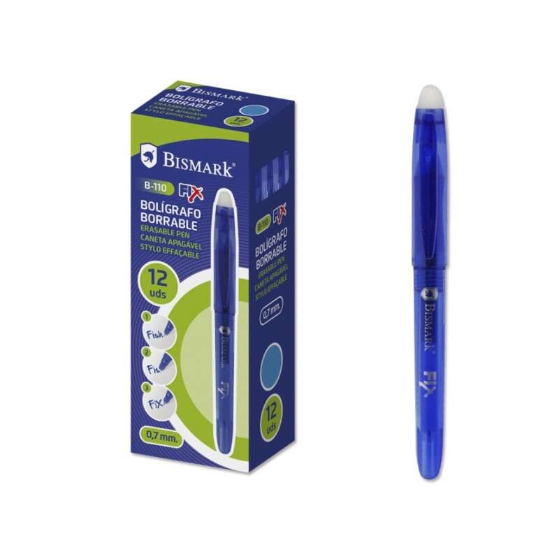 Bismark Fix Boligrafo Borrable - Punta Fina 0.7mm - Con Capuchon - Color Azul · Pack de 12 uds.