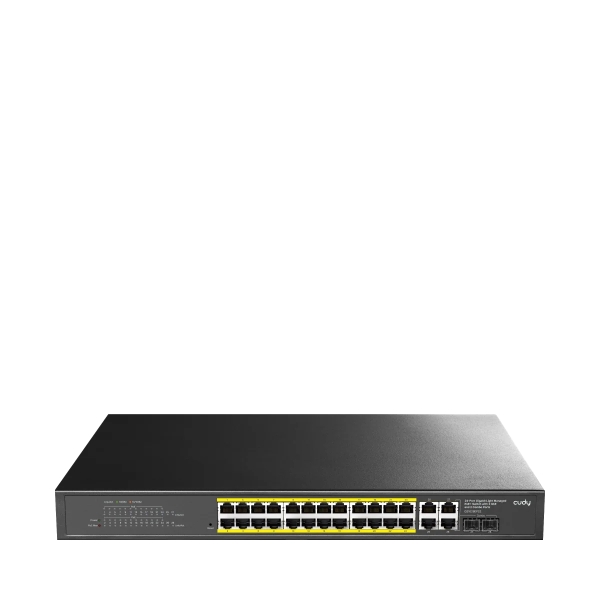 Cudy Switch 28 Puertos - Capacidad Conmutacion 56Gbps - 24x RJ45 PoE+ - 2x RJ45 GbE - 2x Gigabit SFP - Reinicio Automatico - Vigilancia IGMP - Prevencion de Bucles - 440x220x44mm - Color Negro