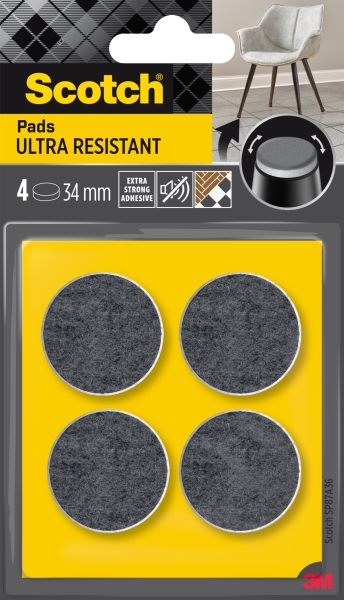 Scotch Pack de 4 Almohadillas de Fieltro Adhesivas - Ultra Resistentes - Diametro de 34mm - Color Blanco/Gris