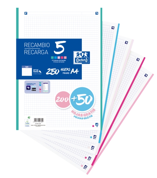 Oxford School Pack de 5 A4 Recambio - 200+50 Hojas - Colores Surtidos · Pack de 10 uds.
