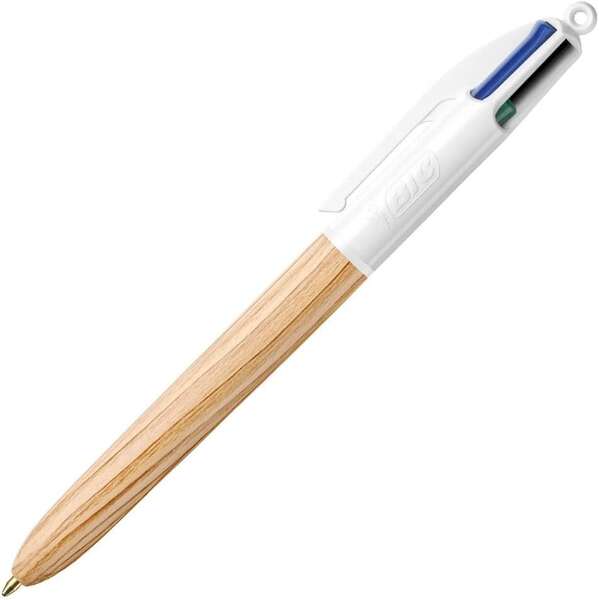 Bic 4 Colours Wood Style Boligrafo de Bola Retractil - Punta Media de 1.0mm - Tinta con Base de Aceite - Diseño Madera - 4 Colores · Pack de 12 uds.