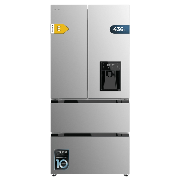 Cecotec Bolero CoolMarket FD 436 WD Inox E Frigorifico Puerta Francesa de 4 Puertas - 463L - Compresor Inverter - Modo Vacaciones - Dispensador de Agua - Frio Envolvente - 83.6x63.6x183cm -