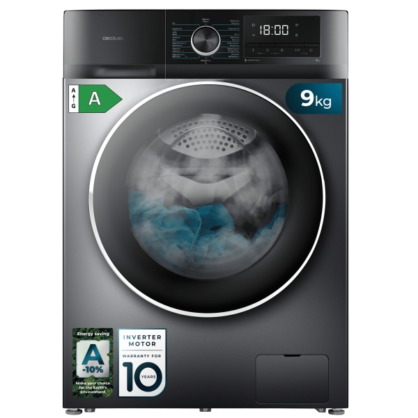 Cecotec Bolero DressCode 9500 Inverter Steel A Lavadora de Carga Frontal - Capacidad 9kg - Velocidad 1400rpm - Seguro Infantil - Display LED - Motor Inverter - Inicio Programable - Color Gri