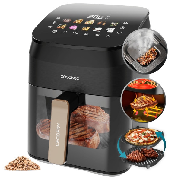 Cecotec Cecofry and Grill Smokin' 4500 Freidora sin Aceite 3 en 1 - 1900W - Ahumador Integrado - Coccion Rapida y Uniforme - Capacidad 4.5L - 10 Menus Automaticos - Control Visual - Color Ne