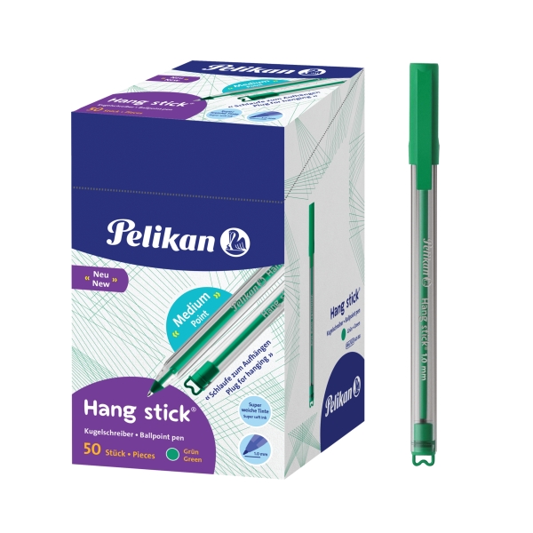 Pelikan Hang Stick Boligrafo de Bola - Trazo de 1mm - Capuchon Antiasfixia - Cuerpo Triangular Ergonomico - Gancho - Tinta a Base de Aceite - Color Verde · Pack de 50 uds.