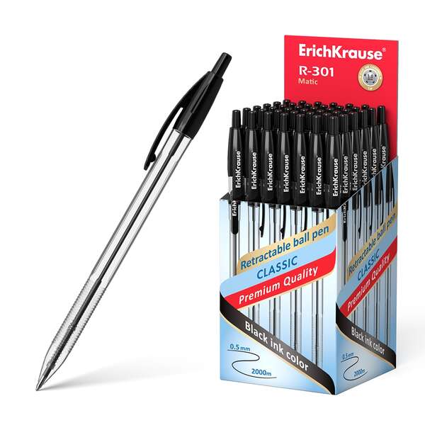 ErichKrause R-301 Matic Boligrafo Retractil Punta de Bola 1.0mm - Tinta de Secado Rapido - Cuerpo Transparente - Color Negro · Pack de 50 uds.