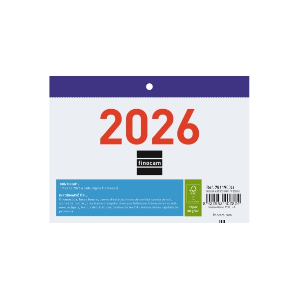 Finocam Calendario Faldilla en Catalan - Anual 2026 - Formato F91 - 150x3x105mm - Numeros Grandes - Color Blanco y Azul