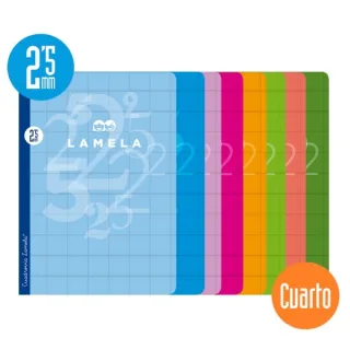 Lamela Pack de 10 Libretas Grapadas con 50 Hojas de 70g/m2 con Margen - Formato Cuarto - Pauta Cuadrovia de 2.5mm - Cubierta de Cartoncillo Plastificado - Papel Offset Blanco Extra - Colores