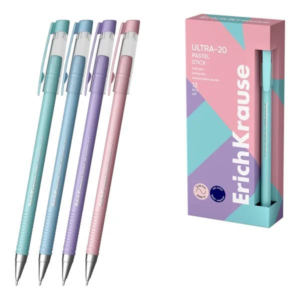 ErichKrause ULTRA-20 Stick Pastel Boligrafo con Capuchon - Modelos Surtidos - Trazo 0.26mm - Tinta de Baja Viscosidad - Tapa Ventilada - Color Azul · Pack de 12 uds.