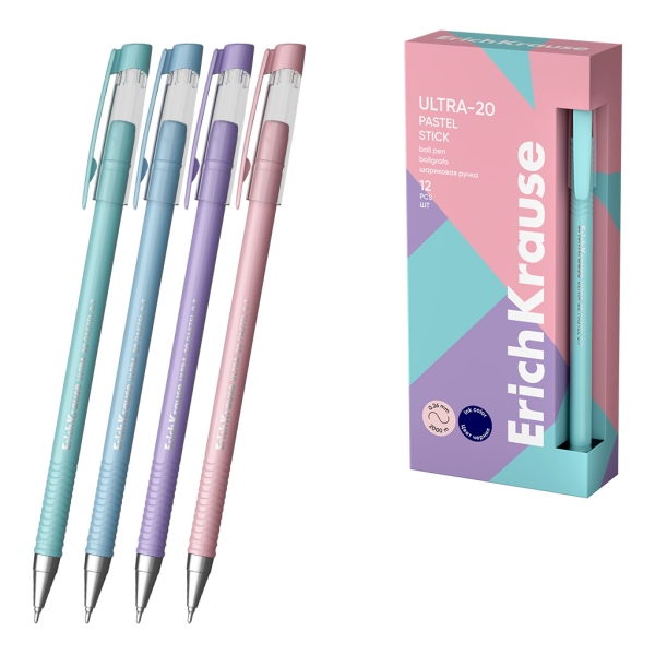 ErichKrause ULTRA-20 Stick Pastel Boligrafo con Capuchon - Modelos Surtidos - Trazo 0.26mm - Tinta de Baja Viscosidad - Tapa Ventilada - Color Azul · Pack de 12 uds.
