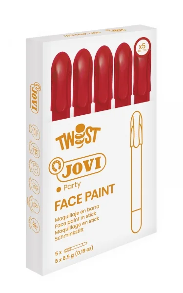 Jovi Twist Stick de Pintura de Cara - Hipoalergenico - Base Agua - Facil de Aplicar y Retirar - Gran Cubricion - Seca Rapido - sin Parabenos - Color Rojo · Pack de 5 uds.