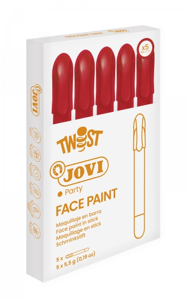 Jovi Twist Stick de Pintura de Cara - Hipoalergenico - Base Agua - Facil de Aplicar y Retirar - Gran Cubricion - Seca Rapido - sin Parabenos - Color Rojo · Pack de 5 uds.