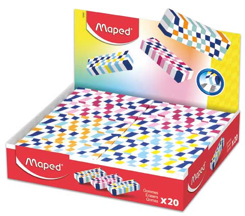 Maped Expositor de 20 Gomas de Borrar con 3 Diseños Damero - Forma Rectangular - Sin Ftalatos - Colores Surtidos