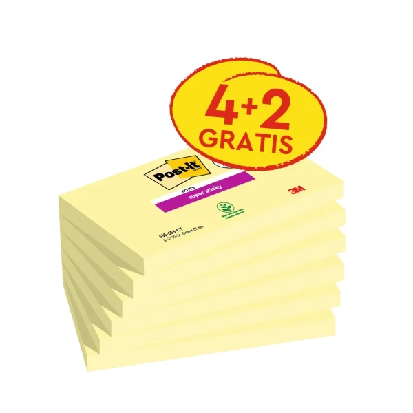 Post-It Super Sticky Pack de 6 Blocs con 90 Notas Adhesivas Reposicionables - 76x127mm - Promocion 4 Blocs + 2 Gratis - Color Amarillo Claro