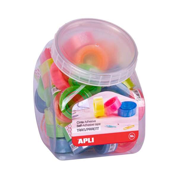 Apli Expositor con 50 Cintas Adhesivas Transparentes 19mmx20m - Fuerte Adhesion - Colores de Mandriles Surtidos