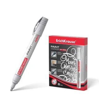 Erichkrause PT-350 Marcador de Pintura - Punta en Forma de Bala - Trazo de 1.5-2.5mm - Sistema de Suministro de Tinta de Valvula - Cuerpo de Aluminio Resistente - Color Blanco · Pack de 6 ud