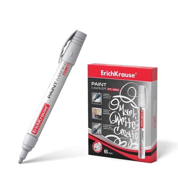 Erichkrause PT-350 Marcador de Pintura - Punta en Forma de Bala - Trazo de 1.5-2.5mm - Sistema de Suministro de Tinta de Valvula - Cuerpo de Aluminio Resistente - Color Blanco · Pack de 6 ud