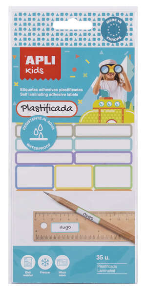Apli Kids Pack de 35 Etiquetas Plastificadas Surtidas - Tres Tamaños: 46.5x10mm (14), 30.5x19mm (3), 30.6x11mm (18) - Alta Calidad y Durabilidad - Film Protector para Mayor Resistencia - Col